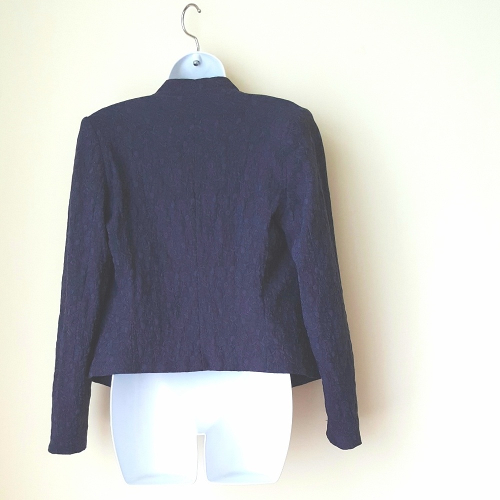 Damask Navy Blazer Jacket Feminine Body Hugging V Neck Fully Lined Unisex Size 8 - Picture 5 of 7